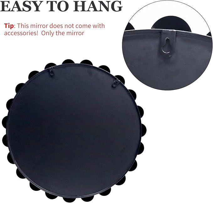 Round Black Mirror 24'', Spherical Frame Round Beaded Mirror for Wall Decor Large Circle Mirror for Bathroom, Dining Roon, Bed Room, Entryway