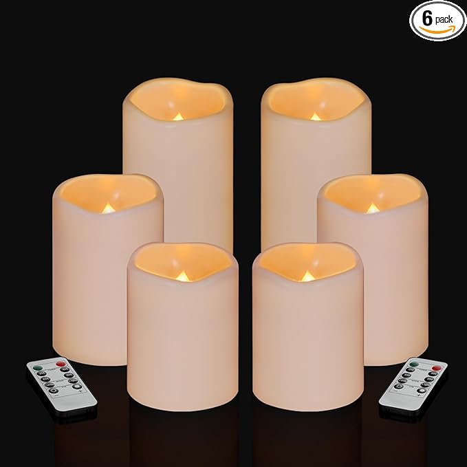 Artmarry Flameless Candles 4" 5" 6" Set of 6 Outdoor Indoor Pillars 3" Diameter Battery Operated Flickering Candles Include 10-Key Remote Timer Function 400+ Hours by 2 AA Batteries (6 Pack)