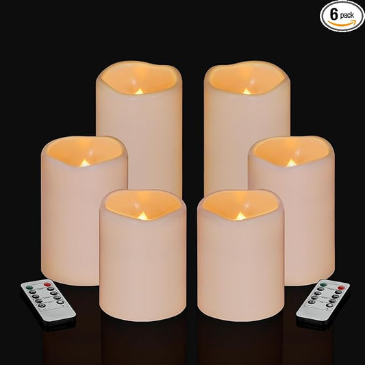 Artmarry Flameless Candles 4" 5" 6" Set of 6 Outdoor Indoor Pillars 3" Diameter Battery Operated Flickering Candles Include 10-Key Remote Timer Function 400+ Hours by 2 AA Batteries (6 Pack)