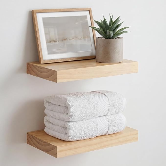 Homeforia 12 inch Natural Floating Shelf, High End Solid Real Wood 12inch Small Floating Shelves for Wall Mounted, Natural Wooden Floating Shelves, Heavy Duty Bracket, 12 X 6.5 X 1.75 in, Set of 4