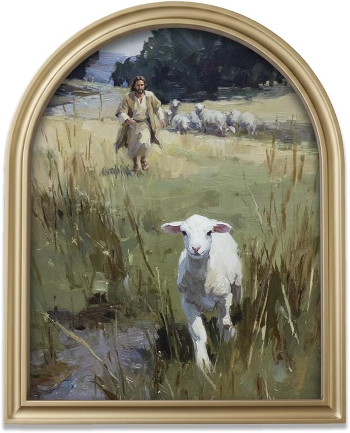 TwoDays Gold Vintage Christian Jesus Arched Wood Framed Wall Art – Jesus Leaves the 99 Sheep Canvas Picture, Religious Farmhouse Artwork Prints Wall Decor for Living Room, Bedroom (11" x 13.8")