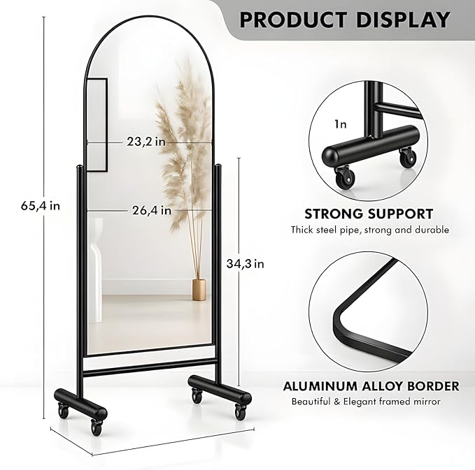Arched Full Length Rolling Mirror on Wheels, 65"Lx24"W Large Modern Tilting Swivel Mirror with Tempered Glass & Metal Frame, Use for Dressing,Dance Studio,Fitness,Home Gym, Barbershop (Black)
