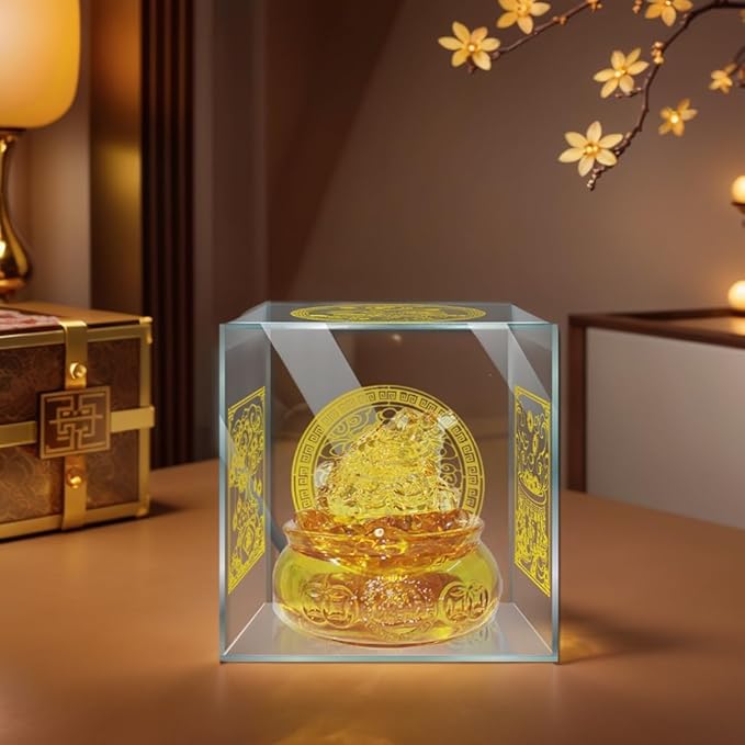 Golden Treasure Basin Feng Shui Money Toad and About 30 PCS Ingot Yuan Bao, 3in Crystal Glass Treasure Basin, 2in Lucky Golden Toad Ideal Adornment for Attracting Wealth, Office Home Decor (with Box)