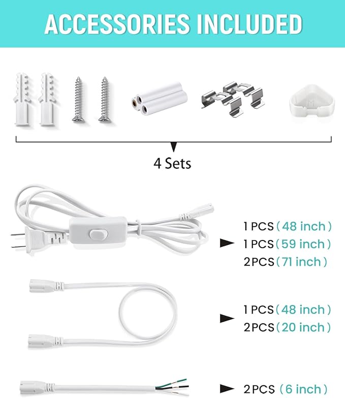 (4 Pack) 4FT T5 LED Shop Light,6500K,20W,2300LM(Super Bright White) Linkable LED Integrated Fixture,Garage Ceiling and Cabinet Light,Strip Light,Corded Electric with ON/Off Switch