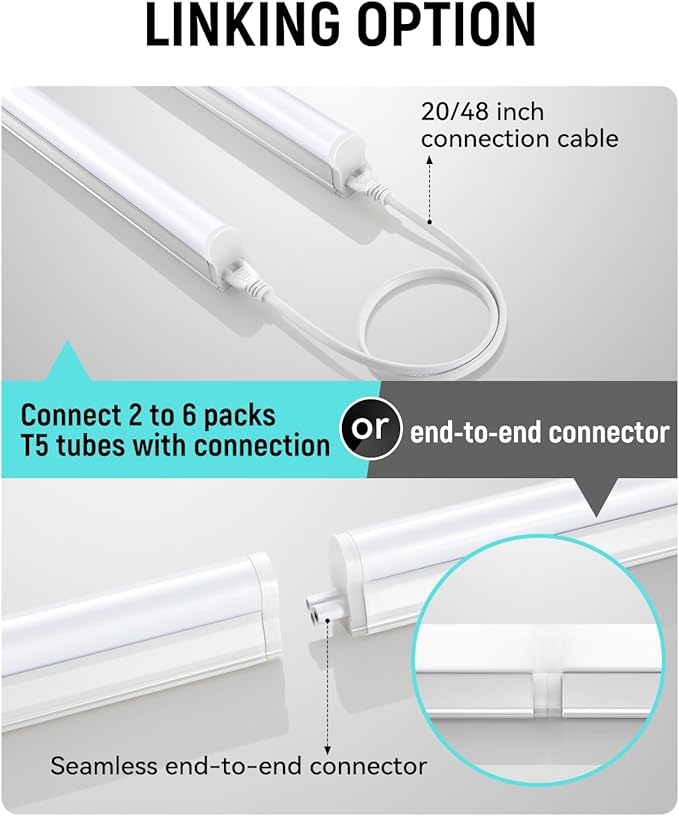 (6 Pack) 4FT T5 LED Integrated Fixture, 6500K,20W,2300LM(Super Bright White) Linkable LED Shop Light,Garage Ceiling and Cabinet Light,Strip Light,Corded Electric with ON/Off Switch