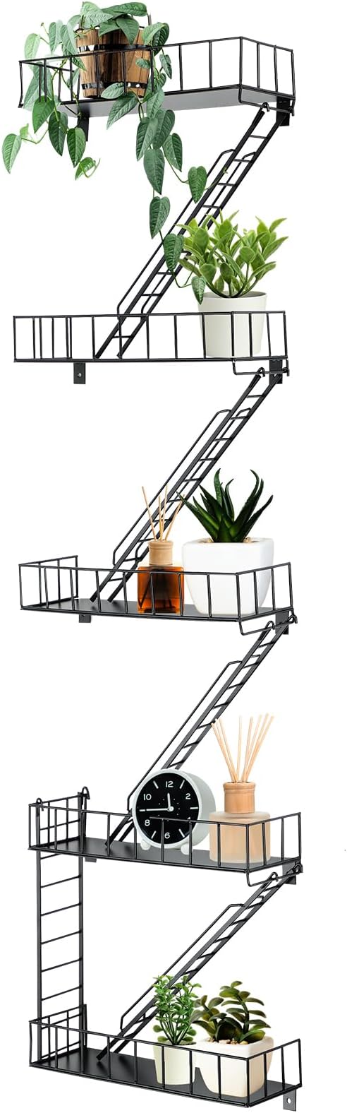 Zonon Fire Escape Wall Shelf Hanging Metal Ladder Shelves Wall Decor Cool Bookshelf Organizer Floating Shelves Action Figure Shelf for Home Bedroom Storage Display(Black,5 Tier)