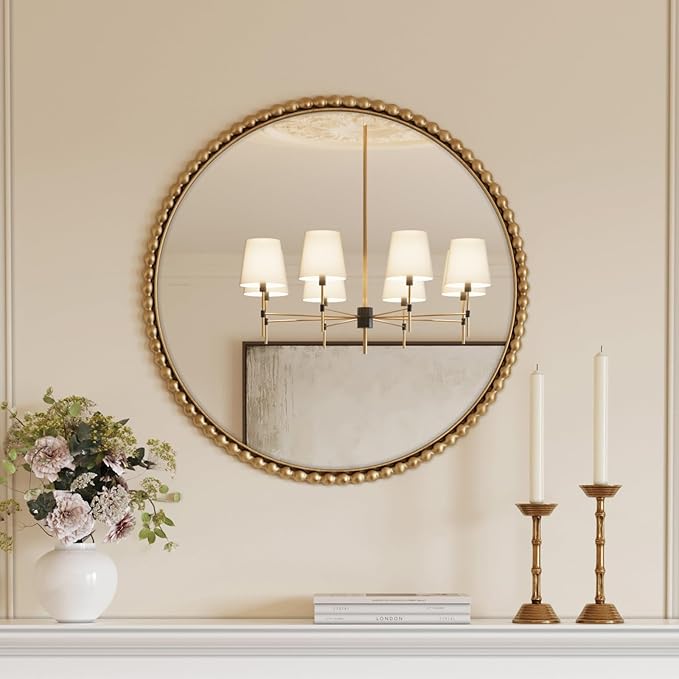 Uniclinens Gold Round Beaded Wall Mirror - Large 31.5" Vintage Mirror Wall Decor with Metal Frame, Ideal for Entryway, Fireplace, Living Room, Hallway, Bathroom
