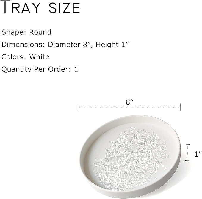 Round White Tray (8 inch) - Sturdy Bathroom Vanity Tray, Kitchen Counter Organizer, Coffee Table Decor | Serving Tray for Perfume, Soap | Farmhouse, Modern Style