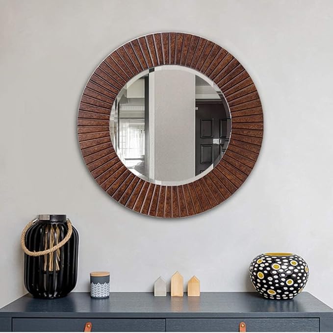 Chende 36'' Circle Mirror with Wood Frame, Large Decorative Mirror for Living Room, Farmhouse Bathroom Mirrors with Bronze Groove Finish for Entryway, Bedroom