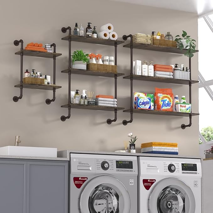 Helsin 2 Tier Industrial Pipe Floating Bathroom Shelves, 16inch Rustic Wood Wall Mounted Shelf, Storage Rack Sundries Holder for Kitchen Office Bathroom Organization & Home Décor