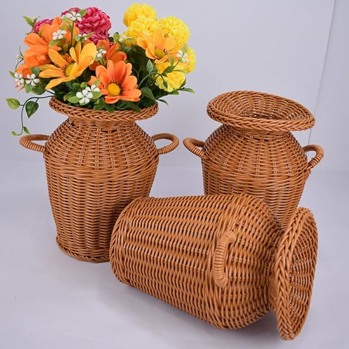 LABRIMP Creative Rattan Woven Vase 9 Inch Brown Decorative Flower Basket for Home Office Rustic Centerpiece Artificial Flower Holder
