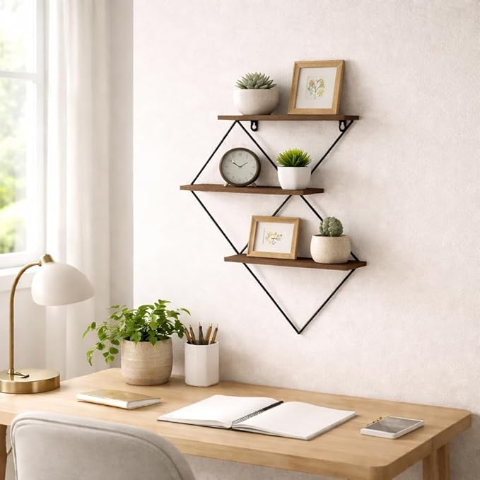 Diamond Wall Mounted Shelf with Wood and Metal Frame for Home Decor - 3 Tier Hanging Storage Organizer for Books - Wall Organizer for Living Room, Bedroom, Office or Entryway - 21", Brown & Black