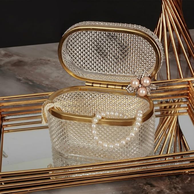 Glass Jewelry Organizer Box, Desktop Jewelry Organizer Container Box, Decorative Box for Bathroom, Vintage Oval Glass Box (Misty Design), Gold