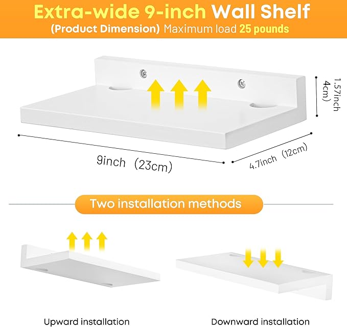 Small Floating Shelf for Wall,9X5 Inch Wall Mounted Shelf with Cord Hole,Small Display Shelves for Cameras, Webcam, Router,Smart Speaker,Action Figures-2 Pcs(White