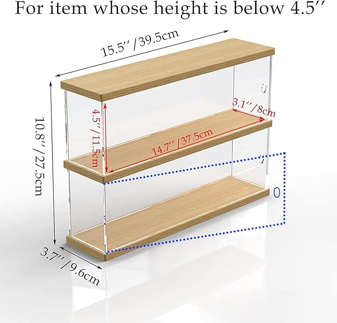 Clear Acrylic Display Shelf Case for Mini Funko Pop, Wooden Display Stand Riser 2 Layer Storage Rack for POP MART The Monsters Lazy Yoga Action Figures Collectibles Toys, 15.55" W x 3.78" D x 10.8" H