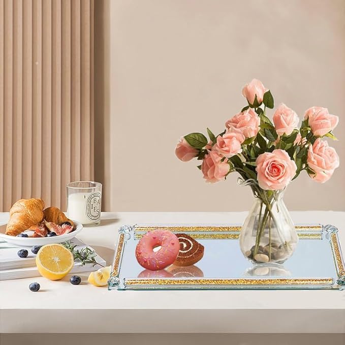 Glass Perfume Tray, 13.8" x 5.9" Golden Crystal Mirror Perfume Tray for Vanity Jewelry Trinket Cosmetic Makeup Display Serving Trays for Dresser Crushed Diamond Home Decor Countertop Organizer