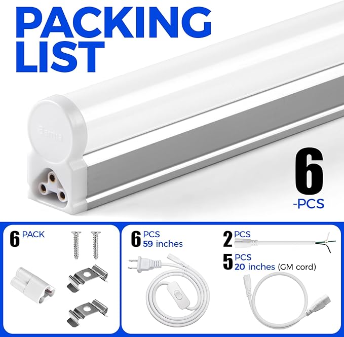 Barrina 6 Pack LED T5 Integrated Single Fixture, 4FT, 2200lm, 3000K (Warm White), 20W, Utility Shop Lights, Ceiling and Under Cabinet Light, ETL Listed, Grow Light with Built-in ON/Off Switch