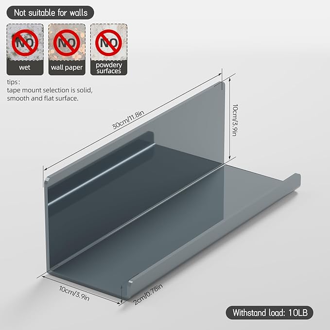 PAVSTINE Adhesive Floating Shelves for Wall No Drilling, 12 Inch Acrylic Self Adhesive Shelves, Stick on Shelves, Dorm Wall Shelf, for Bathroom, Kitchen, Bedroom, Office, Gaming Room, Gray