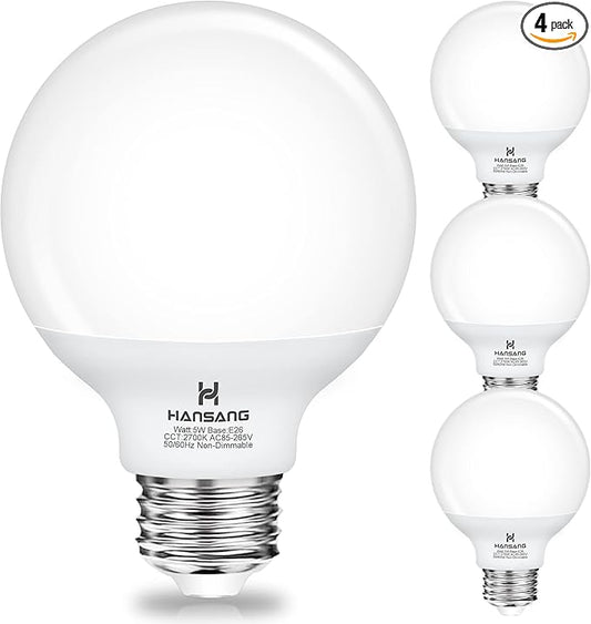 hansang G25 LED Globe Light Bulbs, Bathroom Vanity Light Bulbs E26 Base Warm White 2700K for Bedroom Makeup Mirror Lights, 60W Equivalent(5W), 500LM Non-dimmable,4Pack