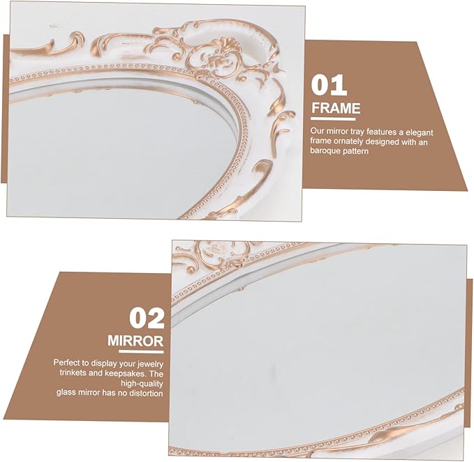 Lurrose Oval Vintage Decorative Mirror Tray with Plastic Frame and Handles Elegant French Style Makeup and Jewelry Organizer Serving Tray for Living Bathroom Shop and Party Decor