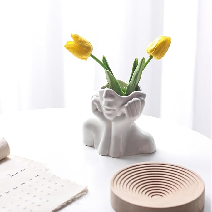 White Ceramic Vase Creative Human Body Art Design Multi Functional Office Desktop Organizer Pen Holder Makeup Brush Holder Home Decor Vase for Flowers Boho Ceramic Vases Stylish Decorative Accent (A)