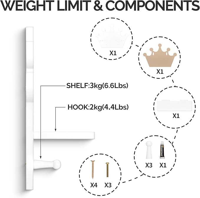 White Crown Floating Wall Shelf with Hooks, Princess Room Decor for Girls Bedroom, Nursery Organizer for Girls Room Storage