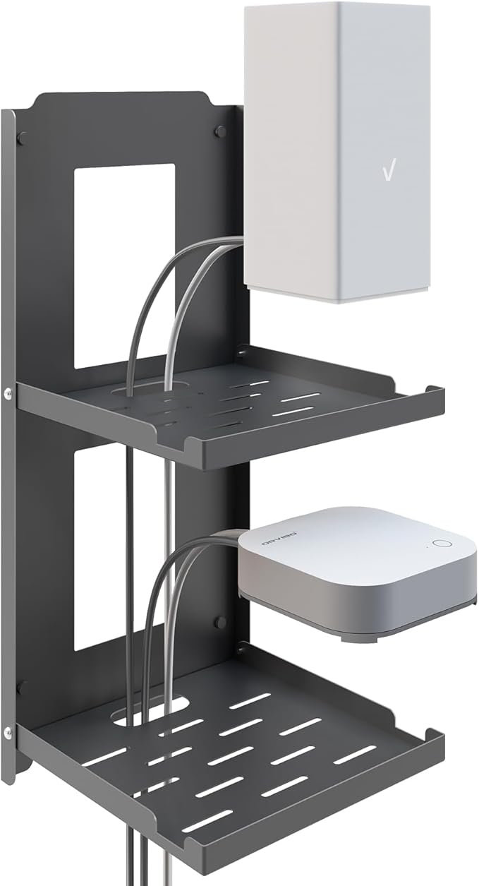 2-Tier Small Router Shelf Wall Mount - 7.5 inch Folding Metal Outlet Shelf w/Cable Holes | Dual-Layer Organize & Connect for WiFi Router and Modem | Folds Up & Stackable (7.5″ Wide)