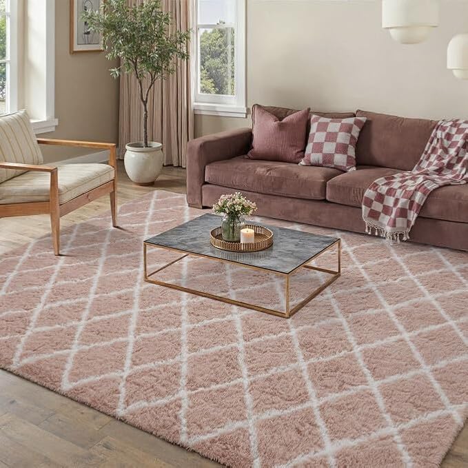 PureCozy 5x8 Checkered Rug for Bedroom Pink and White Modern Soft Area Rug Fluffy Non-Slip Carpet for Living Room Playroom Home Aesthetic Decor