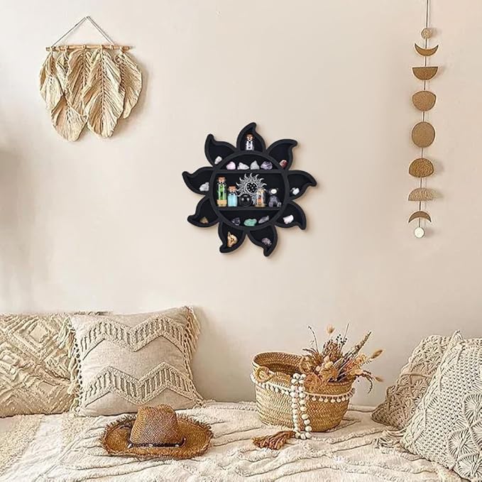peacoblue Sun Flower Crystal Display Shelf Wall - 11.8×11.8×1.12" Wooden Wall Decor Art Hanging Case with 3-Layer Crystals Gem Stone Storage Organizer for Boho Witchy Home Decor or Modern Interiors