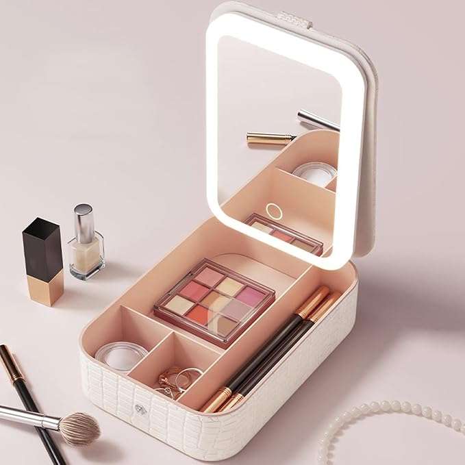 Makeup Case with Light Up Mirror, Dimmable Mirror Cosmetic Organizer Bag Portable Cosmetic Makeup Box Organizer Vanity Case for Women Beauty Tools Accessories Case Rechargeable