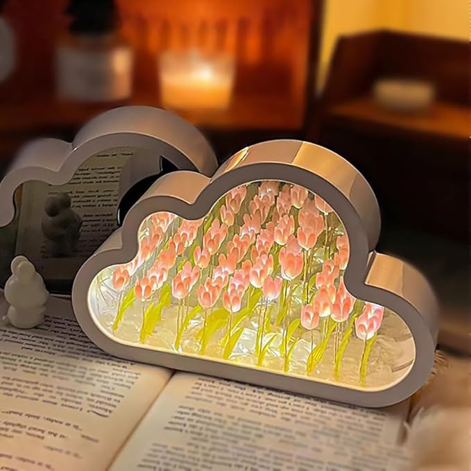 LOGAZOO (20 Flower) Tulip Lamp Night Light with Mirror, Assembled Artificial Flower Lamp Table Light Bedroom Decoration Gift for Women Girlfriend Sisters Desk Table Decor, Cloud Design (Pink)