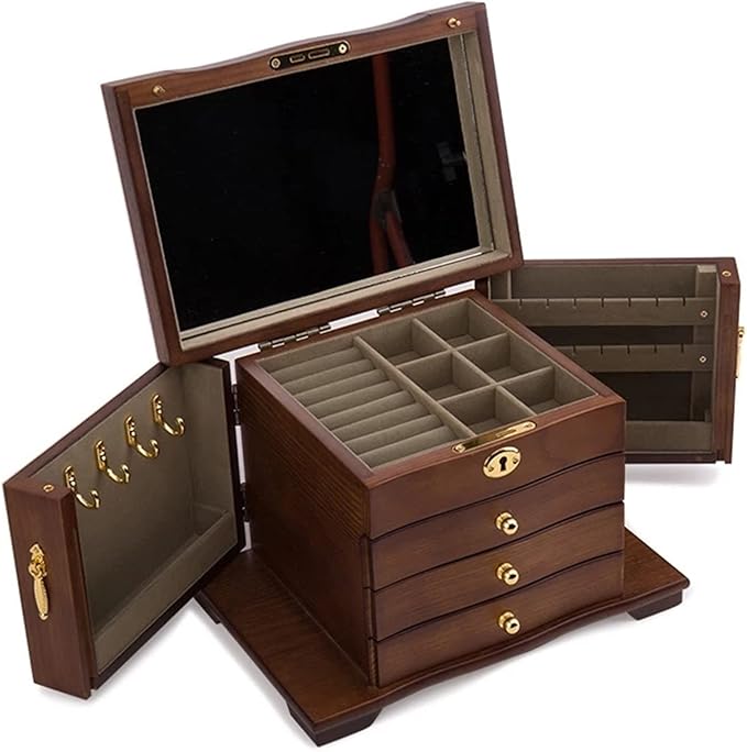 MARURY 2023 Luxury Large Wooden Jewelry Box, Jewelry Box for Women,4-Layer Jewelry Organizer, with Makeup Mirror and Lockbuckle Storage Display Earring Ring Necklace Jewellery