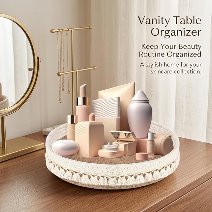 Makeup Holder Organizer Macrame Decorative Woven Rope Basket Boho Decor Essential Oils Dorm Room Essentials Cosmetics Desk Storage Baskets for Dresser Skin Care Lotions