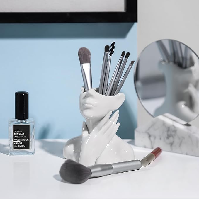 White Ceramic Vase Creative Human Body Art Design Multi Functional Office Desktop Organizer Pen Holder Makeup Brush Holder Home Decor Vase for Flowers Boho Ceramic Vases Stylish Decorative Accent (C)