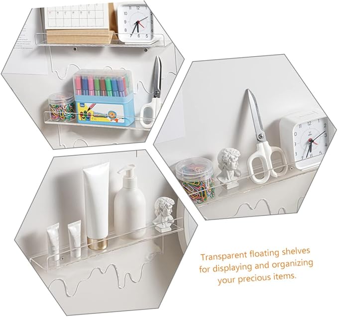 DOITOOL Clear Acrylic Wall Floating Shelf 2-Pack Wall-Mounted Storage Rack for Cosmetics Makeup Brush Organizer Bathroom Kitchen Living Room Display 11.81X5.90X2.55 Inches