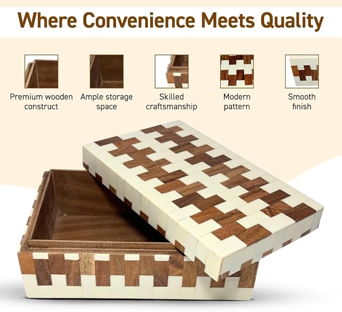 Perilla Home ﻿Home Decor Decorative Storage Wooden Box Small Wooden Organizer Tool Stash Card Craft Trinket Memory Keepsake Jewelry Box for Men and Women, Ticino, Gifts For All, Off White & Brown