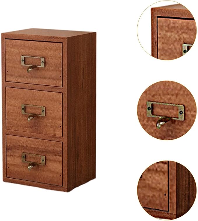 kowaku Wood Desk Organizer Desktop Jewelry Box Vintage Wooden Drawer Storage Box Tea Organizer for Dresser Countertop Home Kitchen, 3 Drawers, 13.5x10x26.5cm