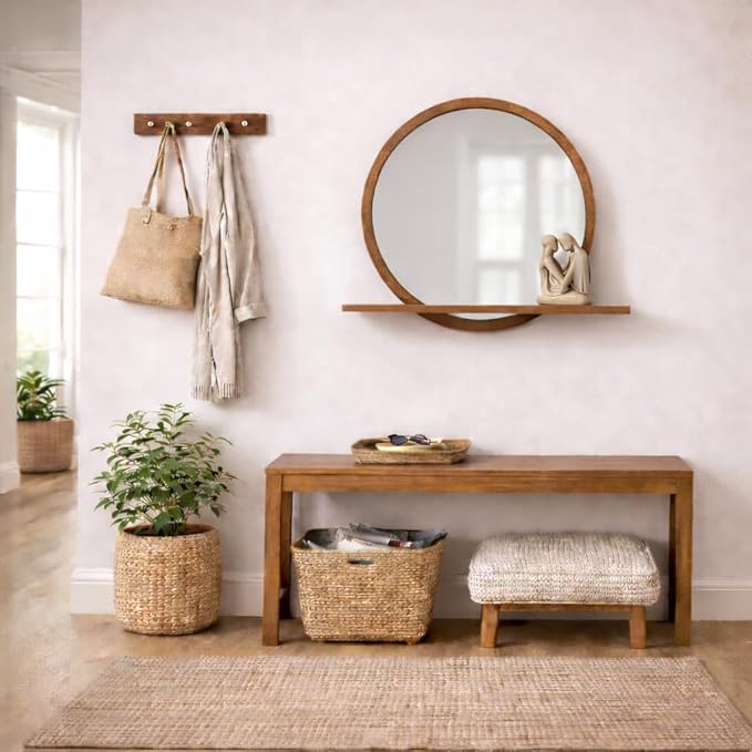 Wall Mirror with Shelf – Wood Circle Mirror for Entryway, Bathroom & Living Room – Unique Elegance & Multifunctional Design – 24 Inch