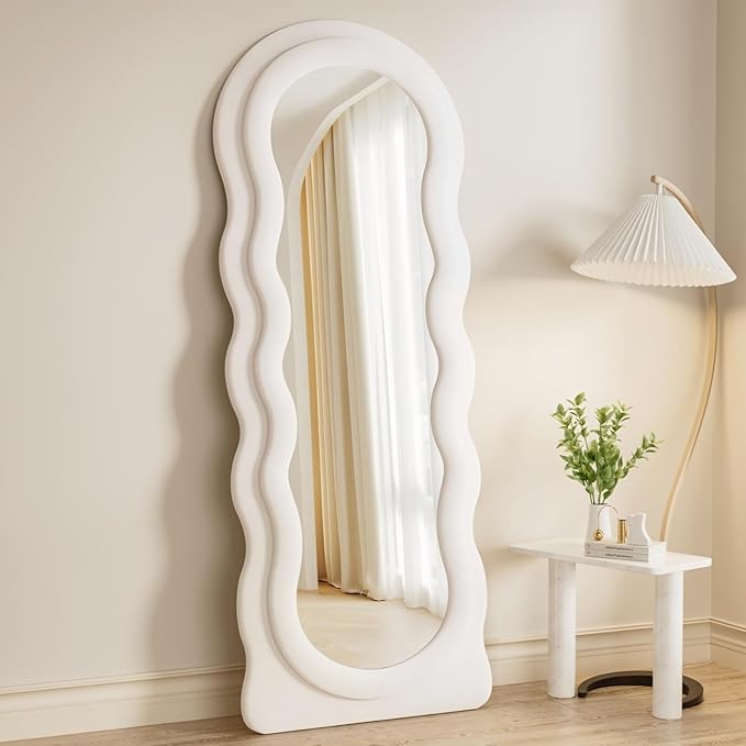 Dewfig Full Length Mirror, 63" x 24"Irregular Wavy Mirror, Large Floor Length Mirrors Wall Mounted, Standing Wavy Mirrors with Flannel Wrapped Wooden Frame for Bedroom/Living Room, White