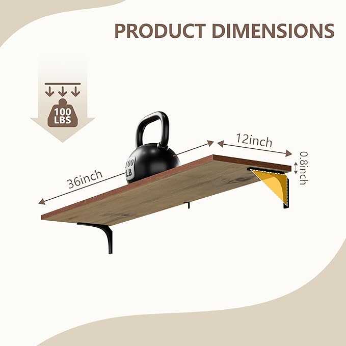 12 Inch Deep Floating Shelves Set of 2, 36 Inch Extra Wide Rustic Brown Solid Pine Wood Wall Shelves, 3ft Heavy Duty Wall Mounted Bookshelf with 100 lbs Capacity for Kitchen & Living Room