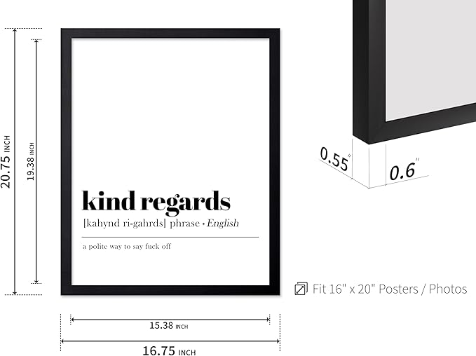 Poster Master Typography Poster - Dictionary Print - Kind Regards Definition, Polite Way to Say Fuck Off, Funny - Gift for Colleague, Friend - Wall Decor for Home, Office, 16x20 Black Framed