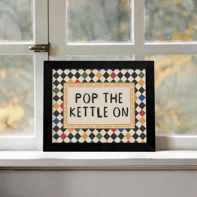 Modern Colorful Eclectic Wall Art Pop The Kettle On Minimalist Quote Poster Vintage Aesthetic Canvas Prints for Living Room Kitchen Gallery Wall Decor 12X16 inch Black Framed