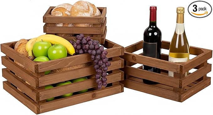 Set of 3 Nesting Wooden Storage Crates - Rustic Wooden Storage Crates for Display Brown Wood Container Boxes Wood Baskets for Farmhouse Flower Stand Display Rack for Shops or Exhibitions Home Decor