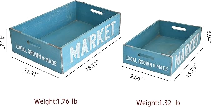 Extra Large Wooden Crate Set of 2 Rustic Wood Storage Crates Farmhouse Nesting Wooden Crate Basket Vintage Home Decorative Boxes with Handles for Display (Blue)