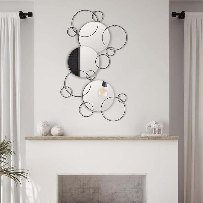 Hicarer 9 Pcs Split Decorative Wall Mirror Modern Black Wall Decor DIY Metal Wall Mirrors for Living Room Decor Circle Plates Overlapping Decorations Wall Decor Set for Hallway Entryway