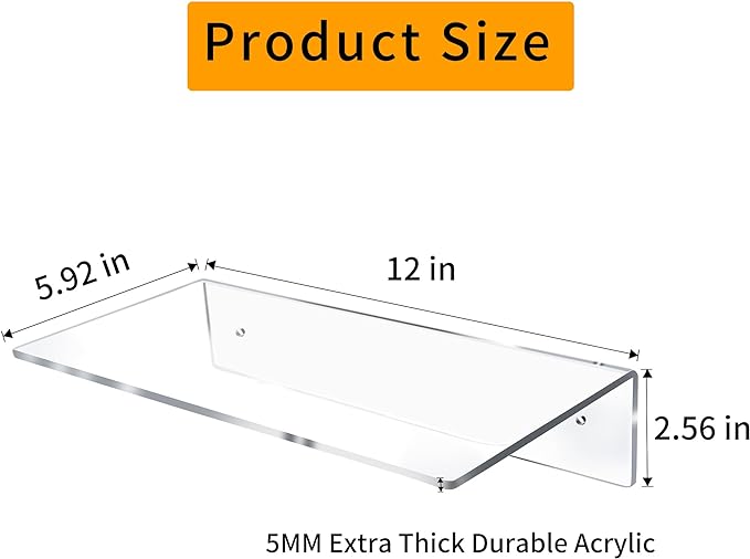 Jansburg 12 Inch L-Shaped Acrylic Floating Shelf Clear Wall Mounted Shelves Invisible 5MM Thick Shelf for Wall Storage Clear Shelves for Makeup Photo Picture Book Record Display 4 Pack