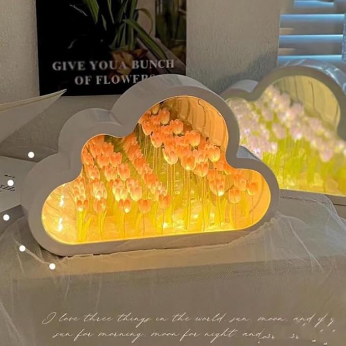 LOGAZOO (20 Flower) Tulip Lamp Night Light with Mirror, Assembled Artificial Flower Lamp Table Light Bedroom Decoration Gift for Women Girlfriend Sisters Desk Table Decor, Cloud Design (Pink)