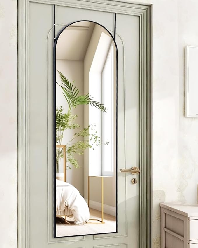 KOMCOTE Full Length Mirror 48x14 Inches - Over The Door Hanging Mirror for Bedroom, Living Room, Closet - Arch Floor Mirror, Door Mirror with Black Frame - No Drill Easy Install