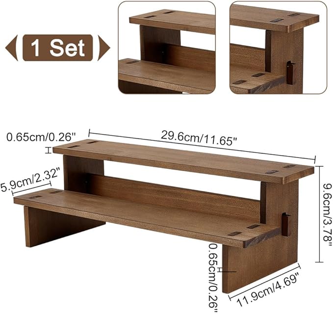 NBEADS 2-Tier Wooden Display Riser Shelf, 4.69x11.65x3.78 Inch Camel Tabletop Small Food Stand Risers Display Makeup Step Perfume Organizer for Fragrance Cosmetics Figure Collection