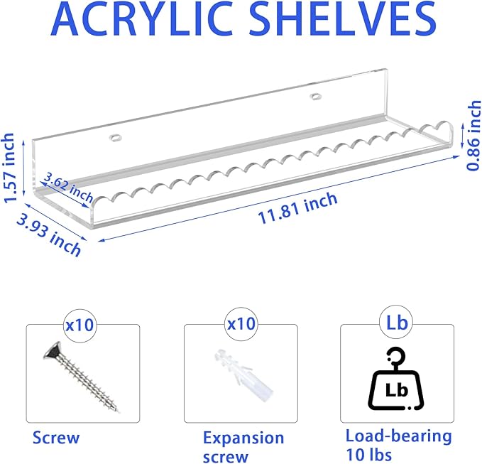 Clear Acrylic Shelves, 4 Pack 12 Inch Scalloped Edge Wall Mounted Floating Shelves, Pop Shelves, Invisible Bathroom Shelf Book Shelf, CD Shelf for Home Deco (Clear Scalloped Edge 4 Pack)